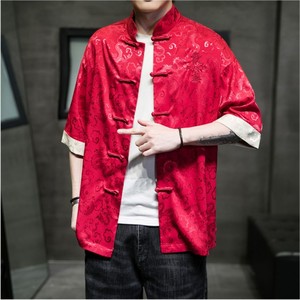 红色短袖衬衫男唐装中国风夏季冰丝兄弟团伴郎礼服开门红演出上衣