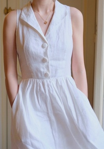 经典系列“细水长流”法式复古白色麻削肩复古连衣裙