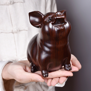 黑檀实木雕刻猪摆件木头生肖猪可爱公母红木手工艺品生日礼品摆设