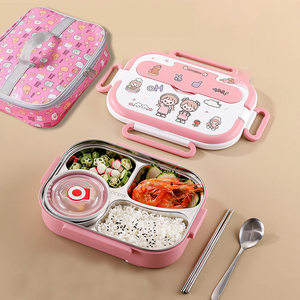 babyalan304不锈钢中小学生饭盒便携分格便当儿童餐盒带汤碗筷勺
