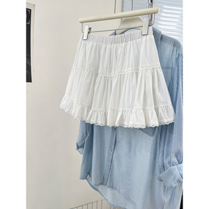 白色蕾丝花边百褶短裙女夏季设计感小众小个子高腰a字显瘦半身裙