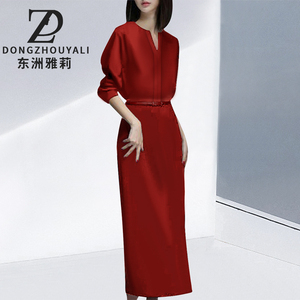 红色连衣裙女春季气质高贵高端大牌优雅长袖ol职业喜婆婆婚宴礼服
