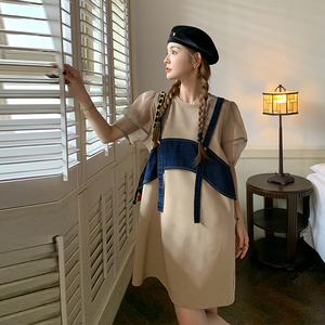 大码女装时尚韩版连衣裙2023夏季胖mm遮肚减龄假两件纱袖洋气裙子