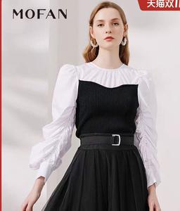 MOFAN摩凡2022秋装法式甜美公主灯笼袖上衣女设计感黑白拼接衬衫