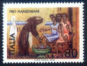 意大利邮票1979：麻风病救济,13世纪绘画,圣法兰西斯为病人清洗
