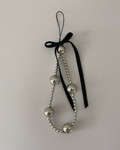 韩国ins银色珠珠蝴蝶结丝带手机链挂绳手腕绳短包包挂件时髦
