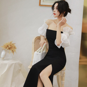 韩国礼服裙女夏装新款一字肩灯笼袖修身开叉一字步黑色连衣裙
