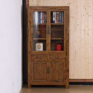可定制老榆木书柜原木 全实木新中式书房书橱带玻璃2门陈列展示柜