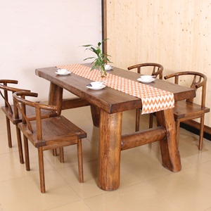 老榆木餐桌椅组合中式全实木复古茶台原生态长方形6人4座饭桌定制