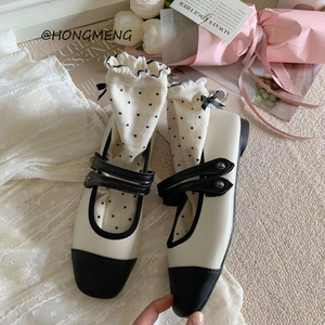 HONGMENG黑白拼色小香风单鞋双带搭扣设计新款女鞋软底舒适芭蕾鞋