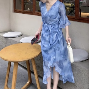 J家 高品质【夏天的风】荷叶边蓝色仙女裙 小清新雪纺连衣裙 H11