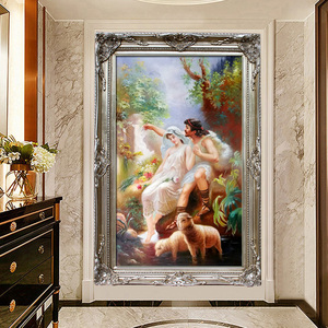 手绘宫廷油画入户欧式复试挑高客厅玄关壁画古希腊神话美女羊羔画