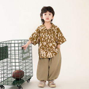 韩版童装男童短袖衬衫夏款新款儿童复古森系儿童花衬衣麻棉上衣潮