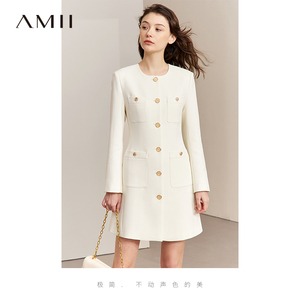 Amii2024春季新款小法式香风连衣裙女仿压麻小黑裙小个子气质裙子