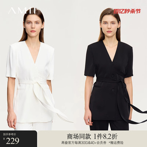 Amii西装外套女V领绑带短袖上衣2024年秋季新款修身显瘦简约外套