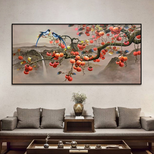 手绘油画客厅沙发背景墙挂画柿柿事事如意柿子画新中式装饰画定制