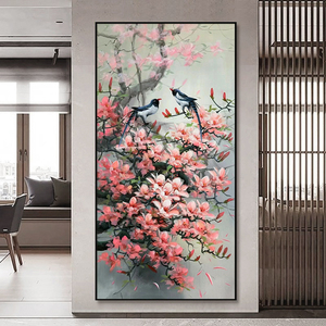 喜上眉梢装饰画新中式桃花手绘油画玄关客厅植物花卉喜鹊挂画壁画