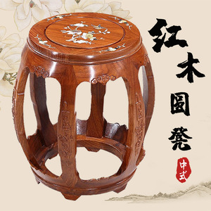 中式红木古筝弹琴凳梳妆实木仿古櫈贝雕刻榫卯鼓凳矮凳花梨木圆凳