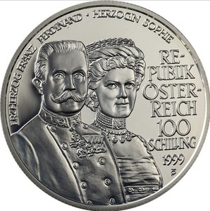 【海寧潮期货】获奖币奥地利1999年费迪南大公夫妇被刺85周年银币