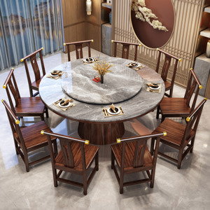 乌金木餐桌椅实木圆桌新中式饭店2m米吃饭桌圆形家用大理石面12人