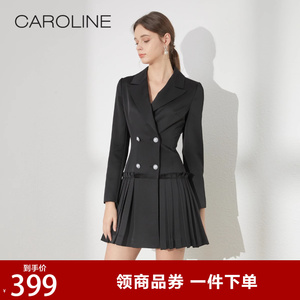 CAROLINE卡洛琳秋季新款西装领修身褶皱收腰连衣裙ECRBAS51