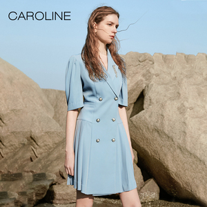 CAROLINE卡洛琳春季新款通勤OL雾霾蓝收腰西装连衣裙
