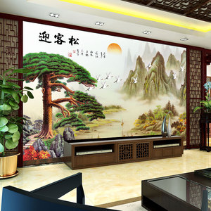 新中式迎客松大气电视背景墙壁画3d立体影视墙墙布山水画风景壁纸