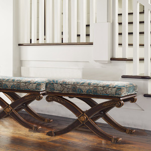 豪华美式复古床尾凳欧式丝绒印花实木描金做旧仿古古典雕花换鞋凳