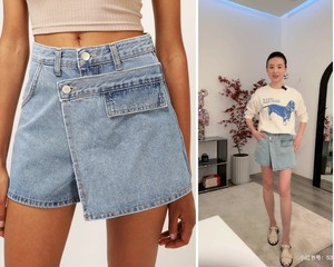 董洁同款 STORETS代购 不对称不规则小众设计牛仔浅蓝色短裤裙裤