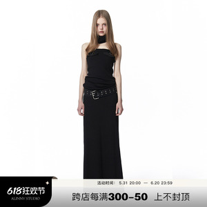 ALINNV原创 黑色针织修身抹胸连衣裙女夏季新款气质高腰裹胸长裙