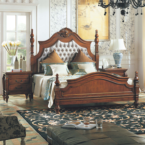 美式乡村实木布艺双人床1.8米奢华雕刻婚床欧式主卧布床别墅家具