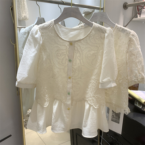 国风白色衬衫女蕾丝拼接上衣2024夏新款短袖衬衣褶皱设计感娃娃衫