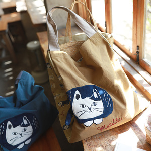 软软の大布袋拼接AB面布艺出口日本正品猫咪大容量手提包单肩拎包