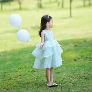 女童夏季冰蓝色公主裙女宝宝生日礼服裙显白蓝无袖连衣裙洋气裙子