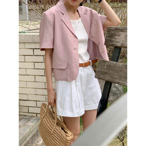 韩国休闲短袖西装小外套女夏季薄款透气通勤时髦翻领短款西服上衣
