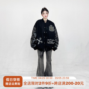 2024春季新款美式嘻哈植绒棒球服外套女潮牌宽松PU皮拼接飞行夹克