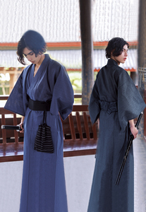 日本传统和服男士浴衣武士长袍浴袍桑拿服写真服装棉麻透气灰蓝色