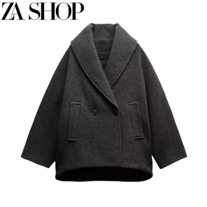 ZA 春季新品女装蝙蝠长袖翻领混纺双排扣宽松大衣短外套 2210792