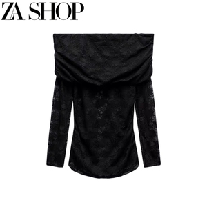 ZA 冬季新款女装时尚黑色一字肩长袖抹胸蕾丝t恤内搭上衣 0219814