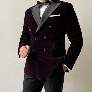 KIESSU定制紫色天鹅绒婚礼宴会礼服西装英伦绅士塔士多男西服上衣