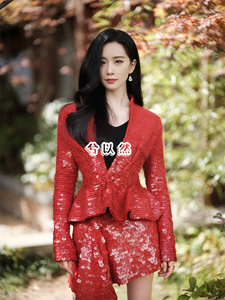刘诗诗明星同款高端定制红色气质时尚风通勤亮片西装套装裙两件套