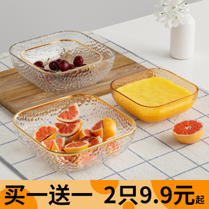 日式锤纹金边玻璃碗耐热网红ins沙拉水果碗家用创意透明水果盘子