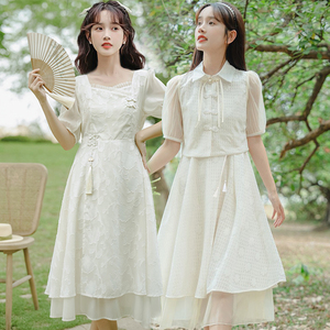 新中式国风改良年轻款少女旗袍连衣裙子汉服元素春夏闺蜜两件套装