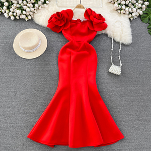 高贵优雅性感长款红色结婚晚礼服裙女方领收腰显瘦a字鱼尾连衣裙