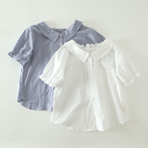 夏季新款文艺范松紧领口设计感纯棉短袖衬衫女日式百搭显瘦上衣