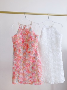 两件包邮 美国单绝美重工彩色渐变立体3D蕾丝花朵吊带连衣裙