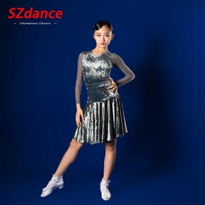SZ舞蹈新女童少儿拉丁规定赛服灰色钻石绒比赛表演考级服爱思睿