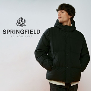 代购Springfield黑色连帽棉服男装冬季新款保暖绗缝夹克外套