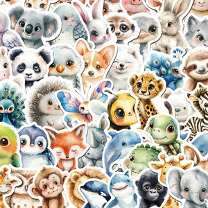 50张卡通水彩动物贴纸可爱呆萌贴画手账本文具装饰儿童节创意礼物