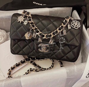 VICKIE香港正品 CHANEL 2021SS限量版羊皮20CM 黑金CF吊飾鏈條包